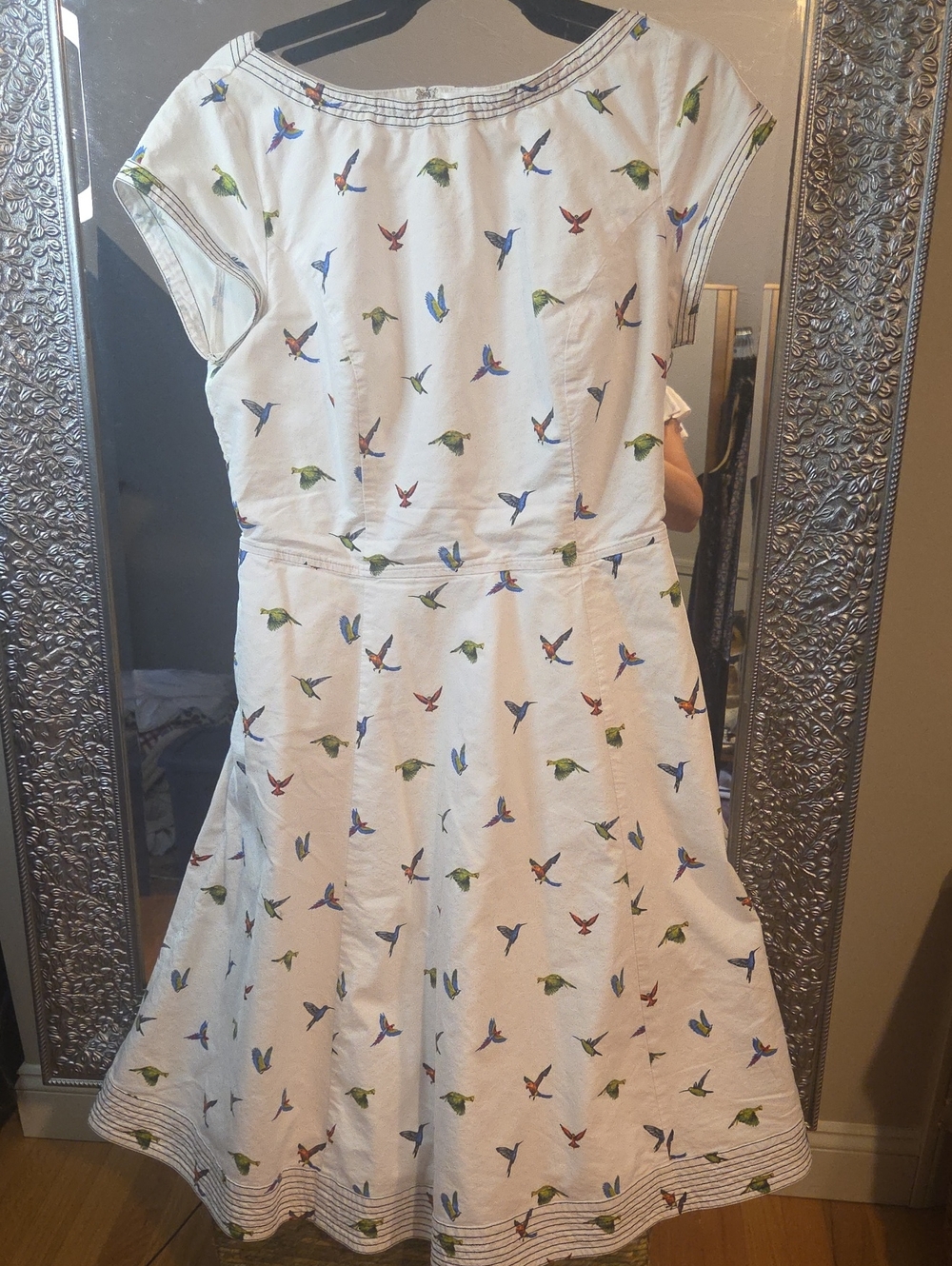 eShakti Bird Print Cotton Fit-and-Flare Dress with Pockets. New.